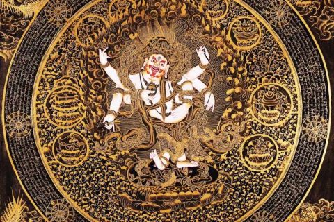 编号138-806784：黑金唐卡-白六臂玛哈嘎拉（70*70CM左右）