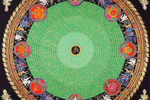 编号138-644339：彩绘唐卡-吉祥八宝六字真言经文坛城（70*70CM左右）