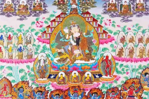 编号138-380135：彩绘唐卡-莲花生大士（宁玛派皈依境）（136*118CM左右）