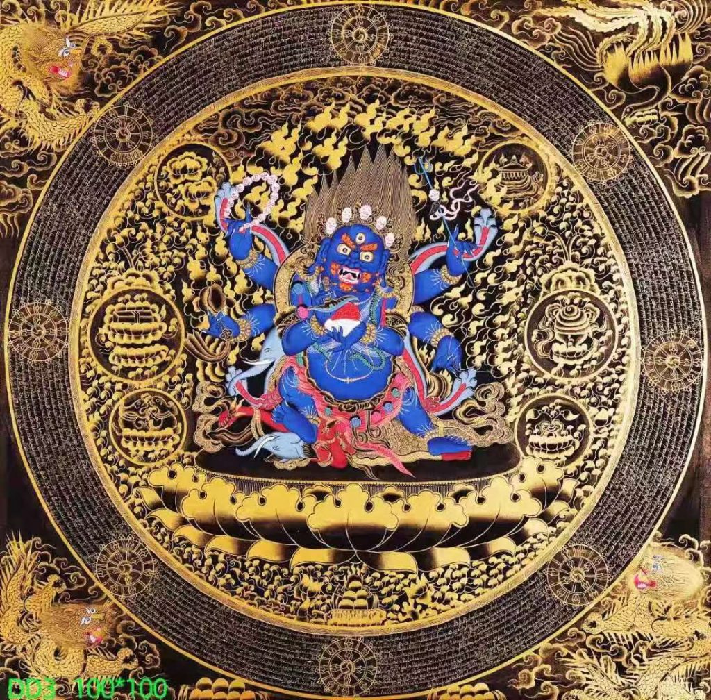 编号138-912531：黑金唐卡-六臂玛哈嘎拉（100*100CM左右）