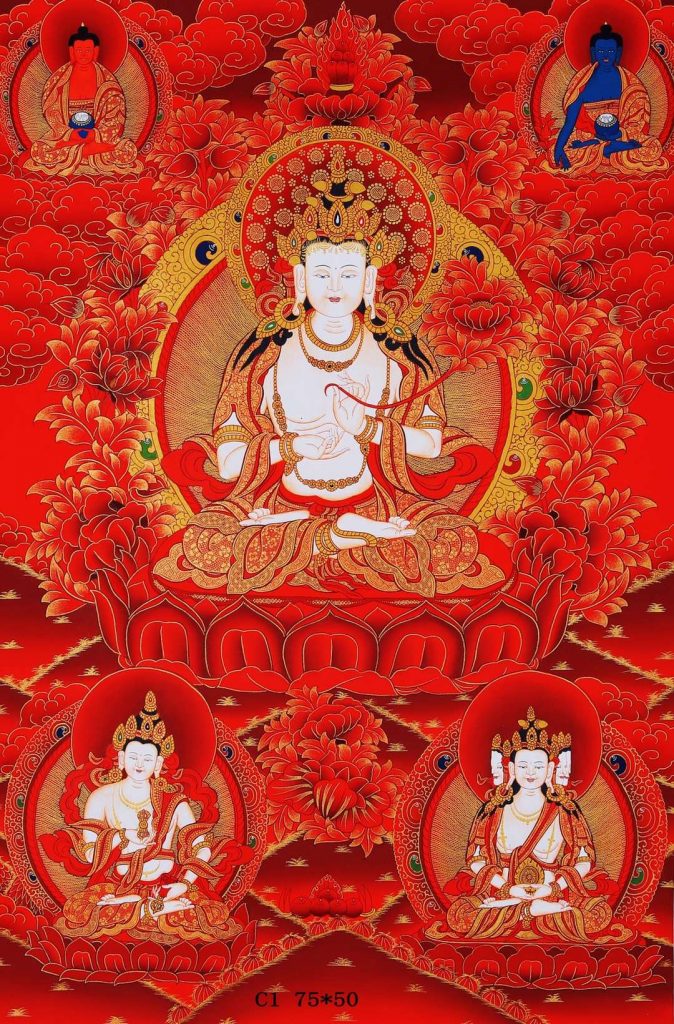 【希少】時代物　唐卡 唐物 仏様 唐卡寄卖编号：JM·188-811474-阿弥陀三尊三世佛吉祥供养图（蓝唐