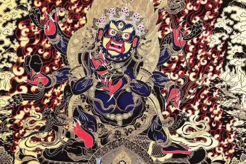 编号188-739085：黑金唐卡-六臂玛哈嘎拉（140*100CM左右）