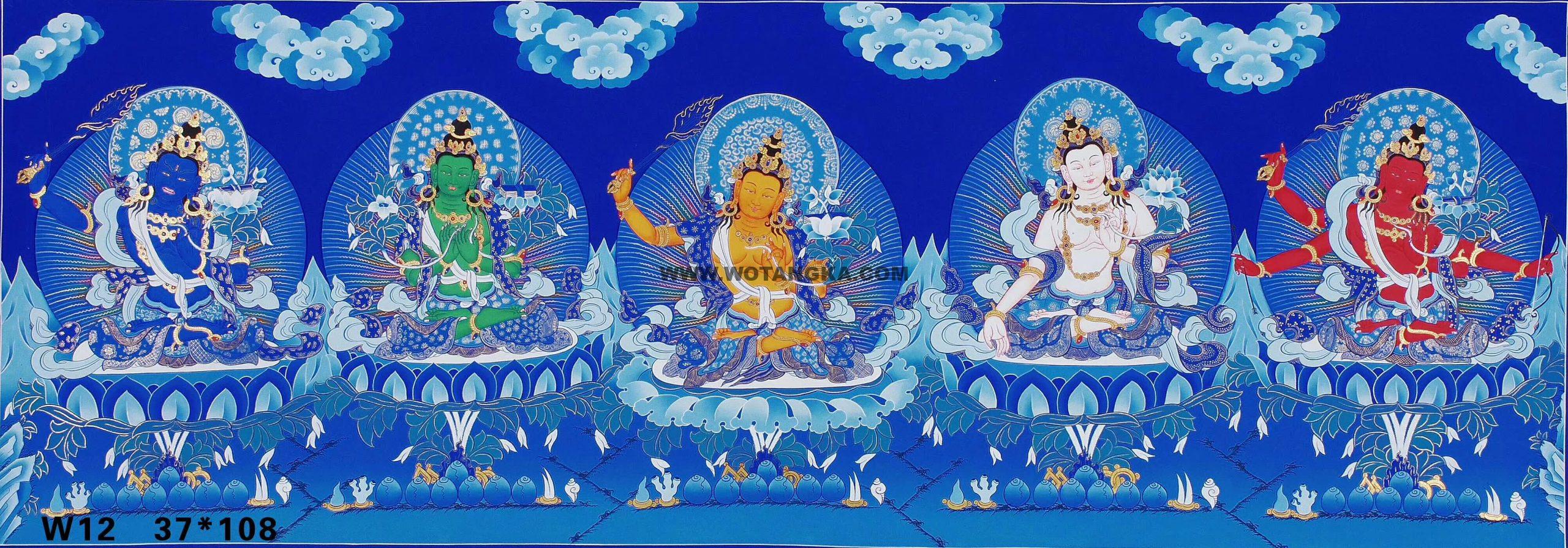 编号188-746776：蓝金唐卡-文殊菩萨·五部文殊（37*108CM左右）