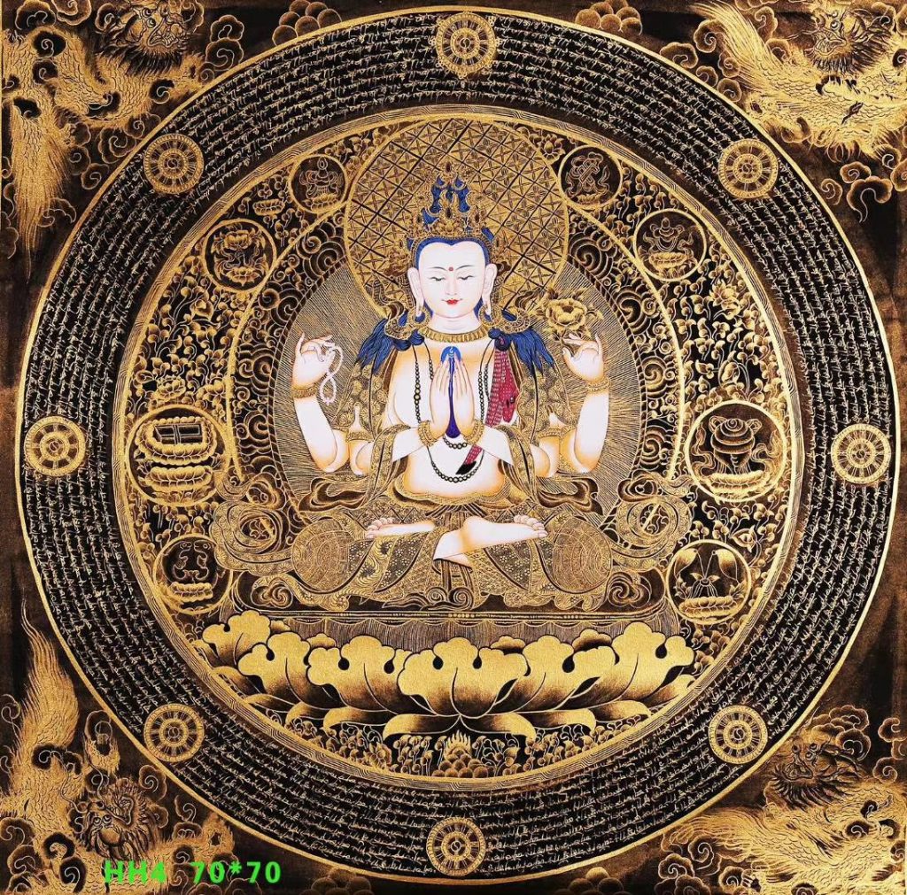 编号138-125424：黑金唐卡-四臂观音（70*70CM左右）