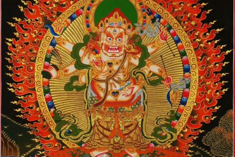 编号188-711682：黑金唐卡-白六臂玛哈嘎拉（80*57CM左右）