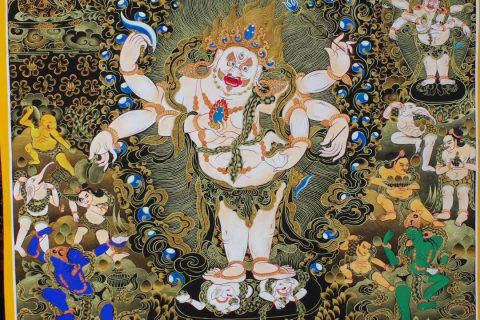 编号138-374302：黑金唐卡-白六臂玛哈嘎拉（100*70CM左右）