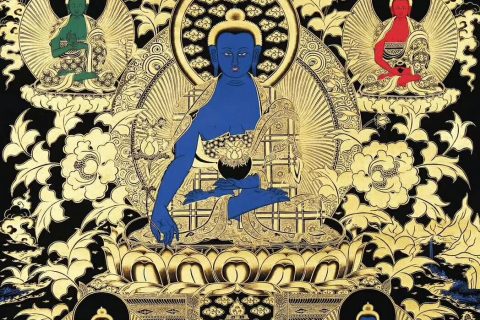 编号188-693390：黑金唐卡-七药师佛（140*100CM左右）