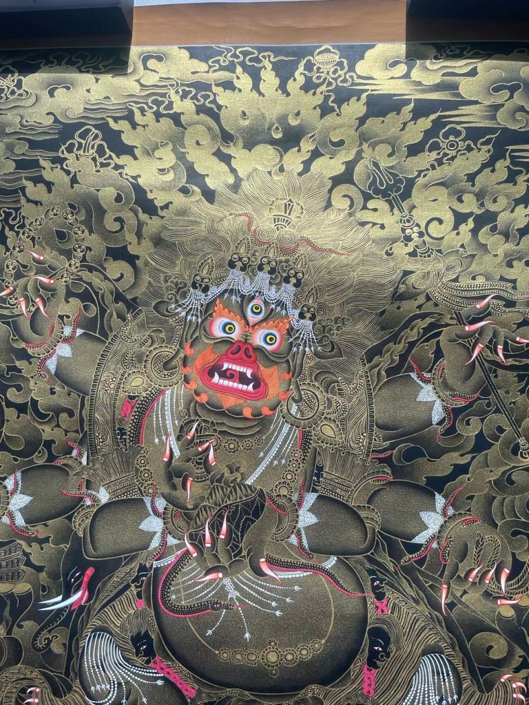 编号188-497845：黑金唐卡-白六臂玛哈嘎拉（62*46CM左右）