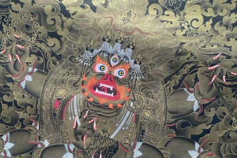 编号188-497845：黑金唐卡-白六臂玛哈嘎拉（62*46CM左右）