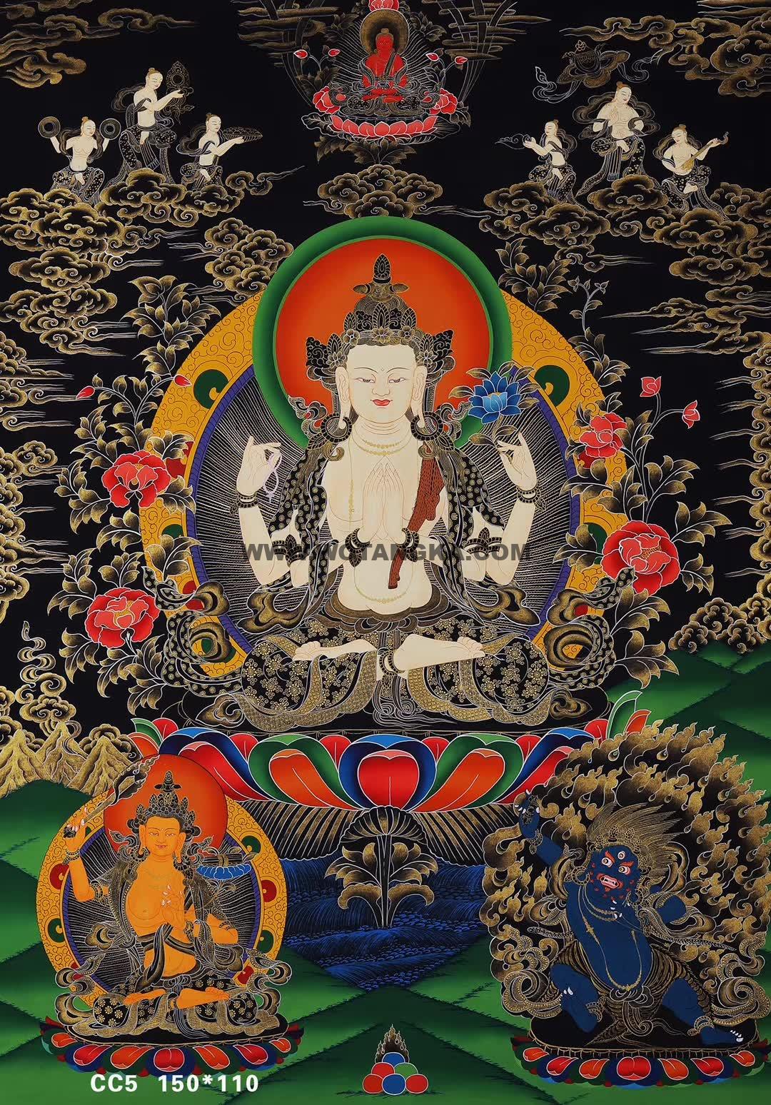 编号158-592337：彩绘唐卡-四臂观音·三枯主（150*100CM左右）