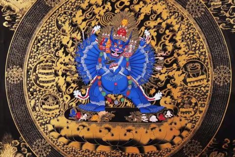 编号138-390395：黑金唐卡-大威德金刚坛城（100*100CM左右）