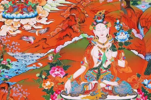 编号138-219879：彩绘唐卡-白度母·长寿三尊（90*64CM左右）
