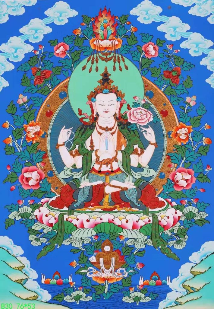 编号138-390395：彩绘唐卡-四臂观音（76*53CM左右）