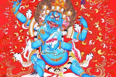 编号138-819672：红金唐卡-四臂玛哈嘎拉（70*50CM左右）