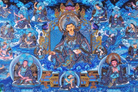 编号138-306564：蓝金唐卡-莲花生大士（46*92CM左右）