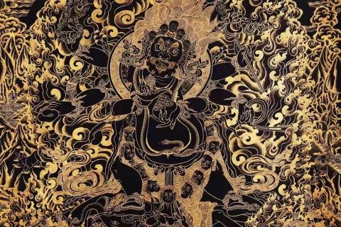 编号138-830595：黑金唐卡-六臂玛哈嘎拉（125*86CM左右）
