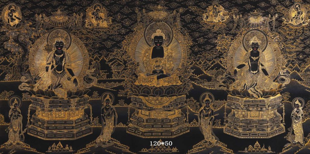 编号158-242927：黑金唐卡-释迦牟尼佛·三世佛（120*50CM左右） | 沃唐