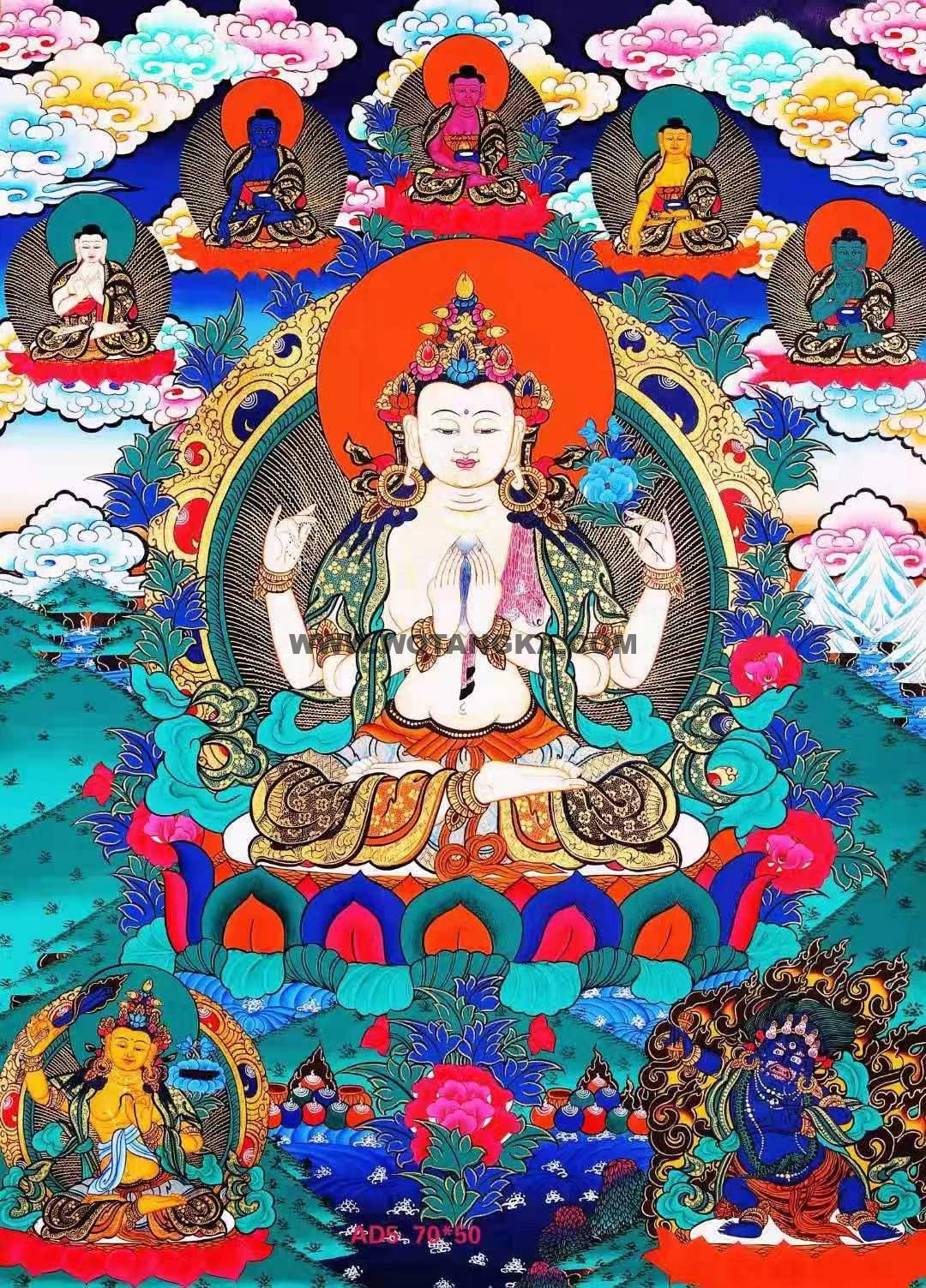 编号158-467218：彩绘唐卡-四臂观音·三怙主（70*50CM左右）