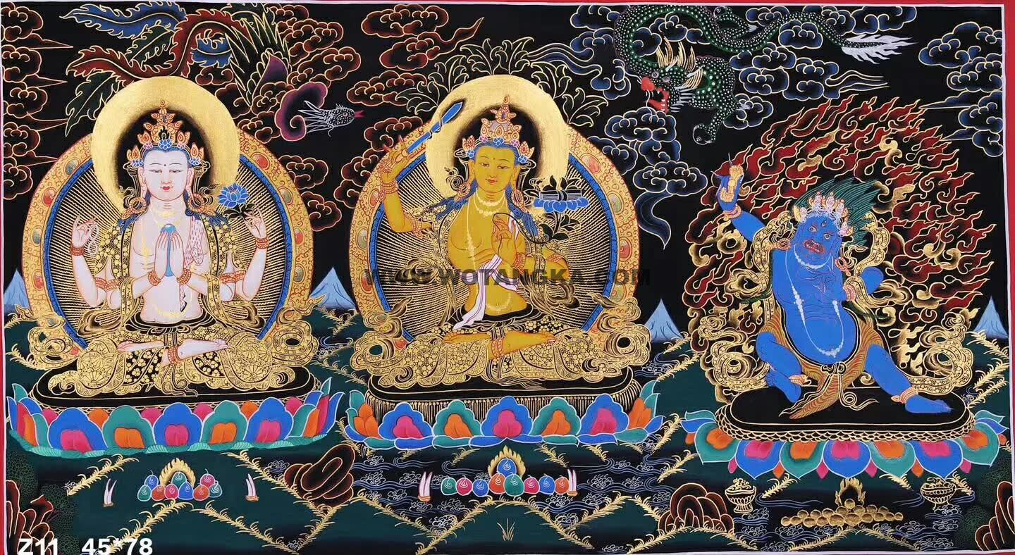 编号158-947481：彩绘唐卡-文殊菩萨·三怙主（45*78CM左右） | 沃