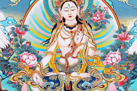 编号158-131718：彩绘唐卡-白度母·长寿三尊（85*60CM左右）