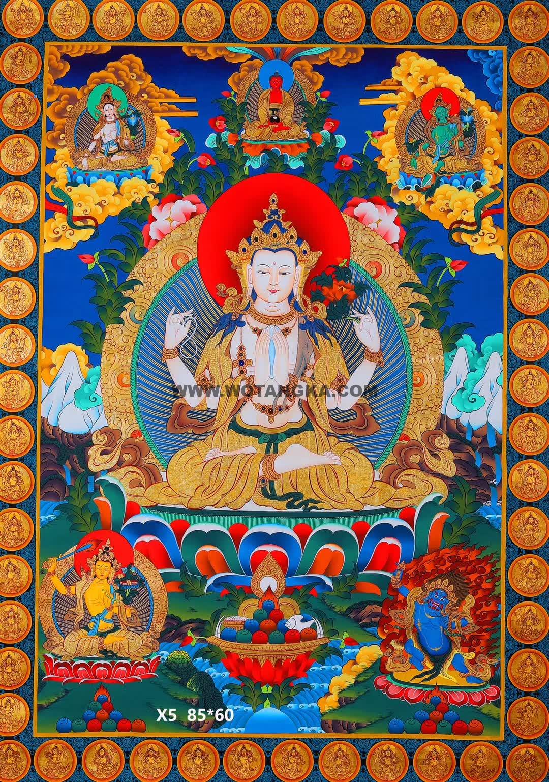 编号158-393367：彩绘唐卡-四臂观音（85*60CM左右）