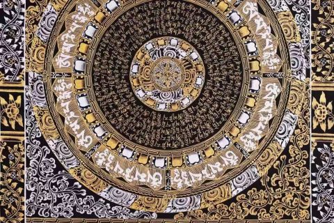编号138-986406：黑金唐卡-吉祥八宝六字真言经文坛城（62*50CM左右）