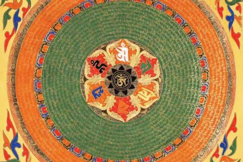 编号138-175580：彩绘唐卡-六字真言坛城（70*70CM左右）