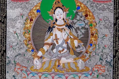 编号158-164027：白银唐卡-白度母·长寿三尊（83*60CM左右）