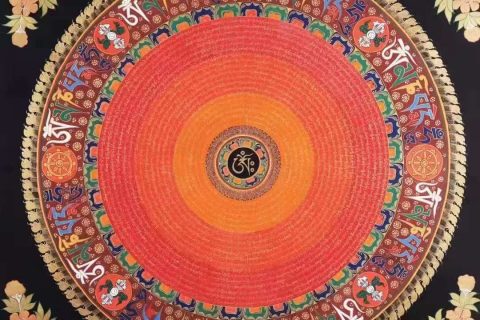 编号138-996032：彩绘唐卡-六字真言坛城（100*100CM左右）