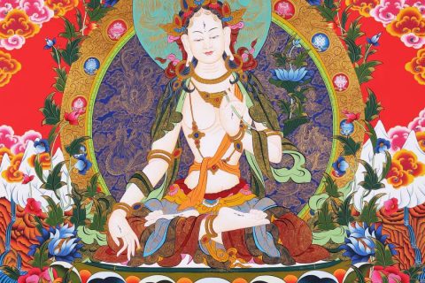 编号168-460666：彩绘唐卡-白度母·长寿三尊（153*105CM左右）
