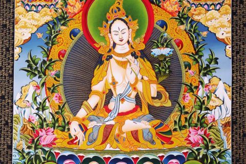 编号168-600878：彩绘唐卡-白度母·长寿三尊（83*60CM左右）