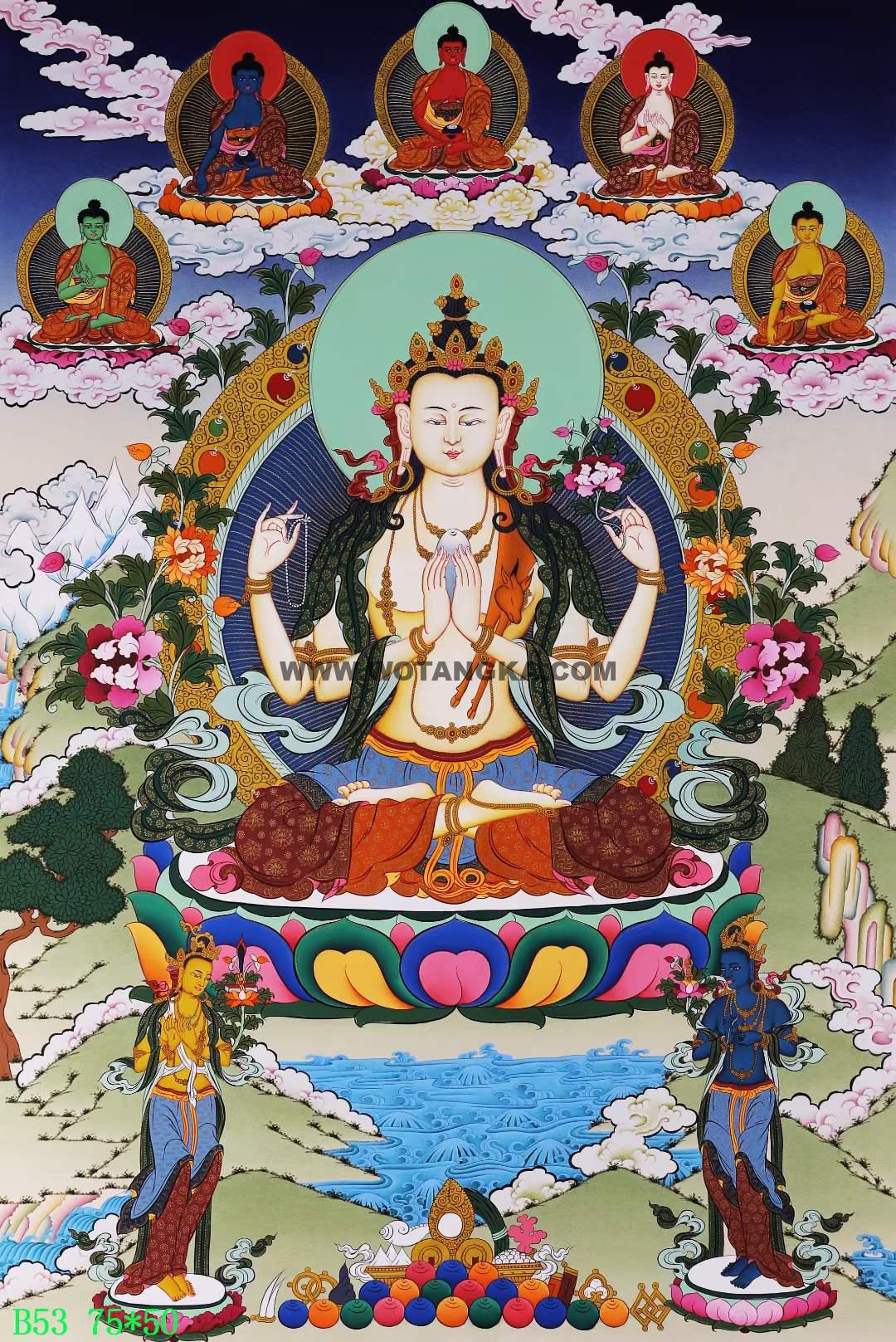 编号168-767657：彩绘唐卡-四臂观音（75*50CM左右）