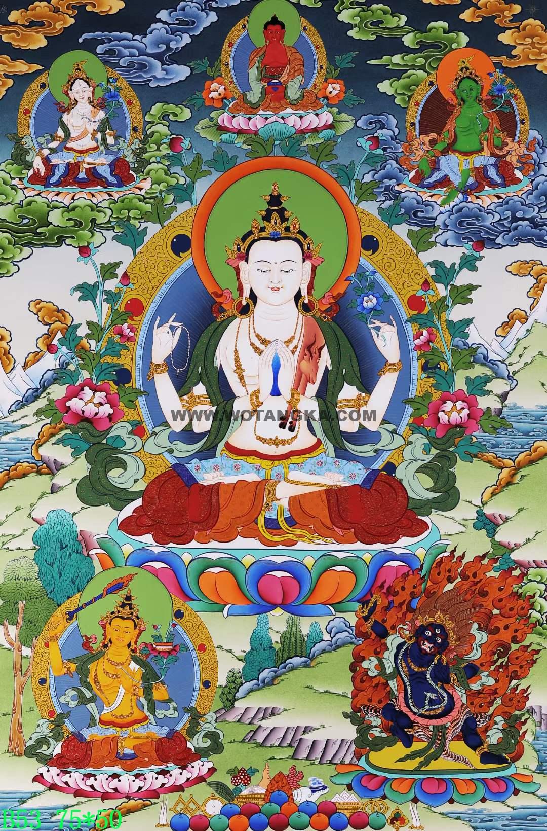 编号168-831220：彩绘唐卡-四臂观音·三怙主（75*50CM左右）