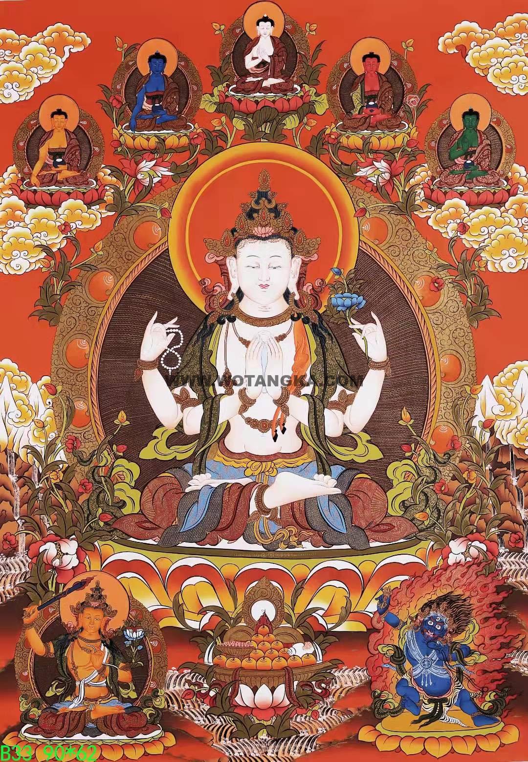 编号168-157440：彩绘唐卡-四臂观音·三怙主（90*62CM左右）