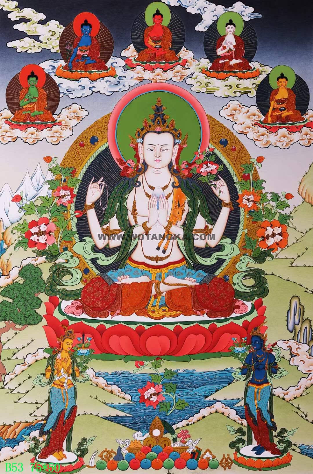 编号168-942354:彩绘唐卡-四臂观音(75*50CM左右)