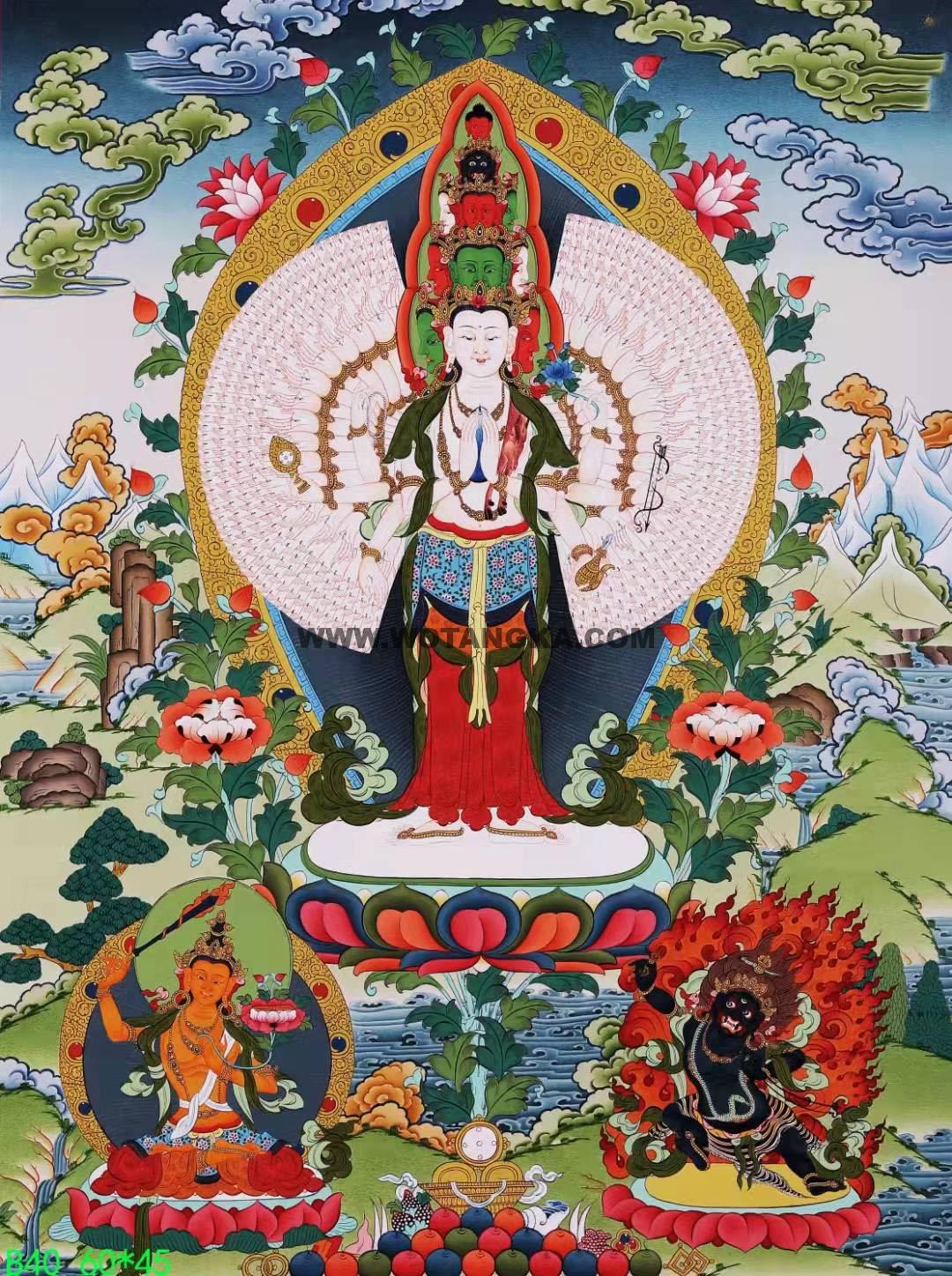 编号168-574092:彩绘唐卡-千手观音·三怙主(60*45CM左右)