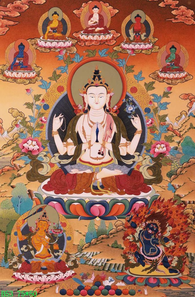 编号168-142312：彩绘唐卡-四臂观音·三怙主（75*50CM左右）