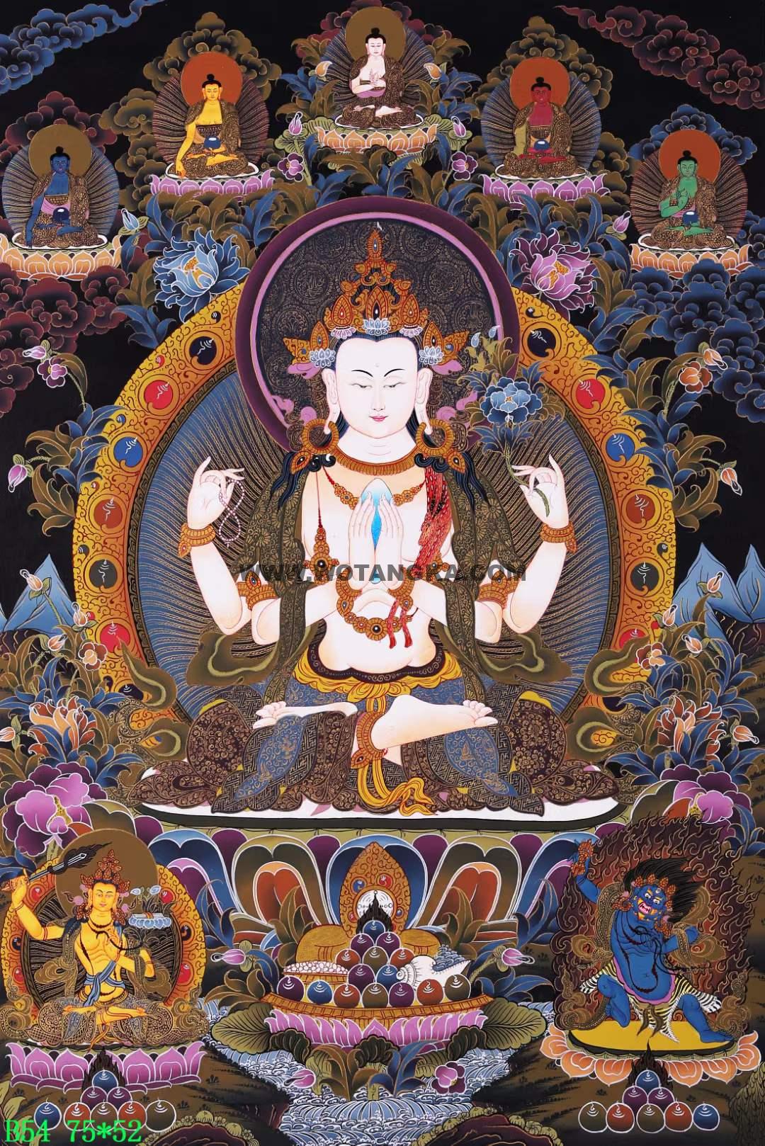 编号168-116255：彩绘唐卡-四臂观音·三怙主（75*52CM左右）