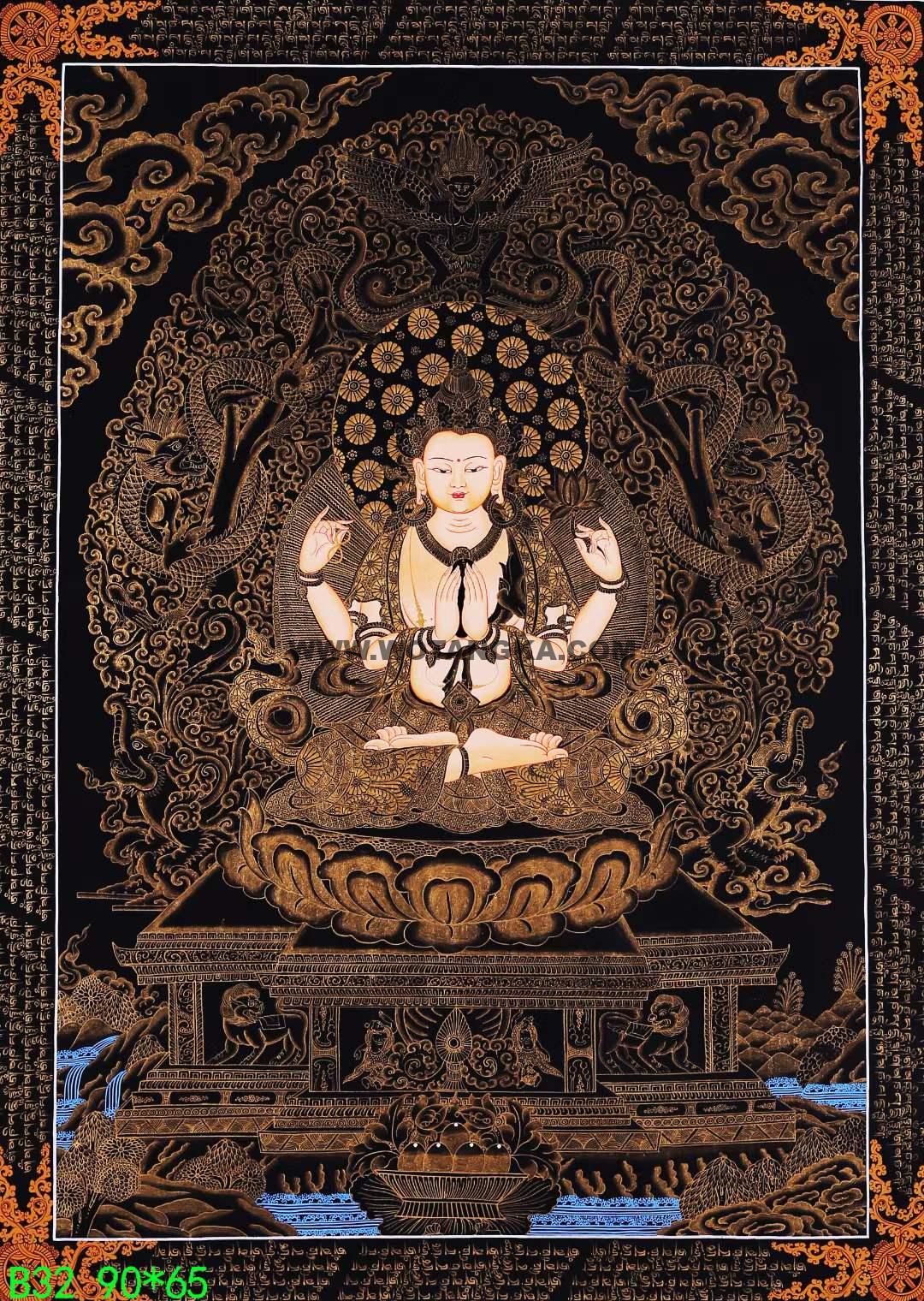 编号168-734320：黑金唐卡-四臂观音（90*65CM左右）