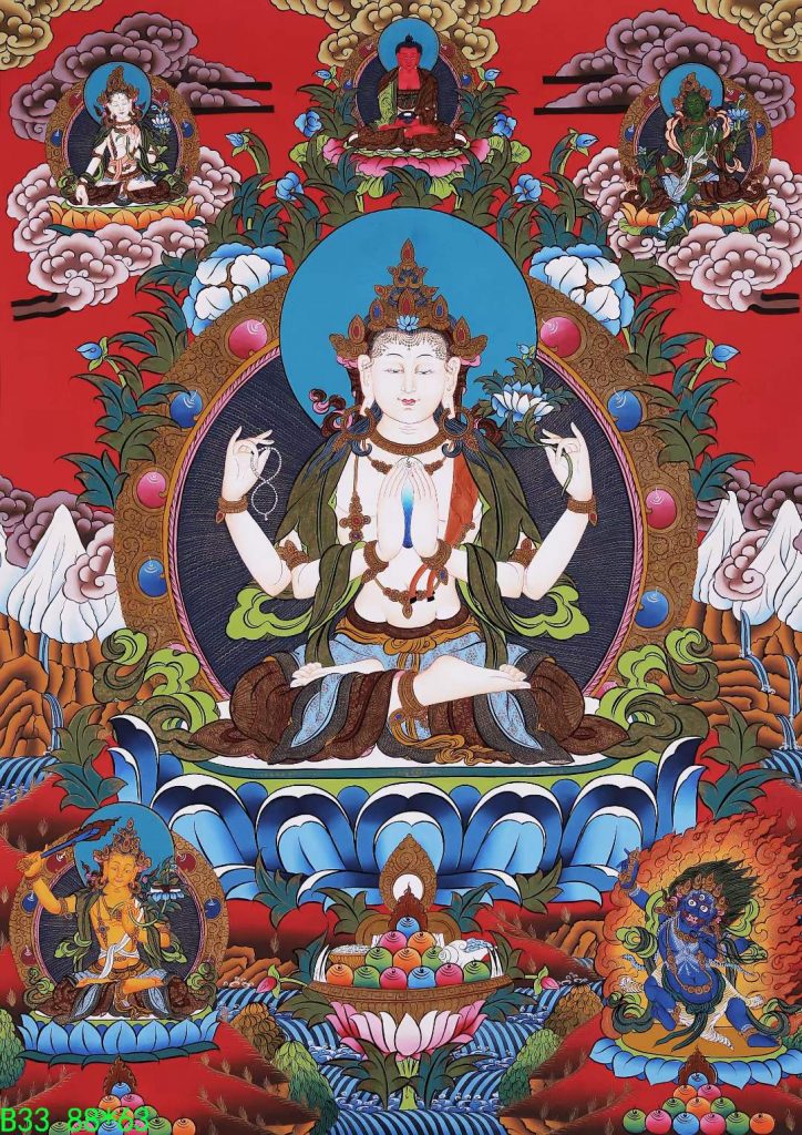 编号168-256334：彩绘唐卡-四臂观音·三怙主（88*63CM左右）