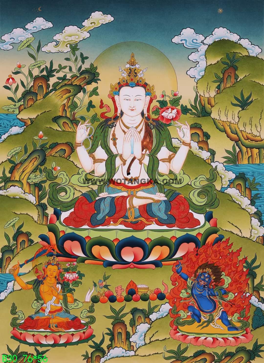 编号168-194786:彩绘唐卡-四臂观音·三怙主(76*56CM左右)