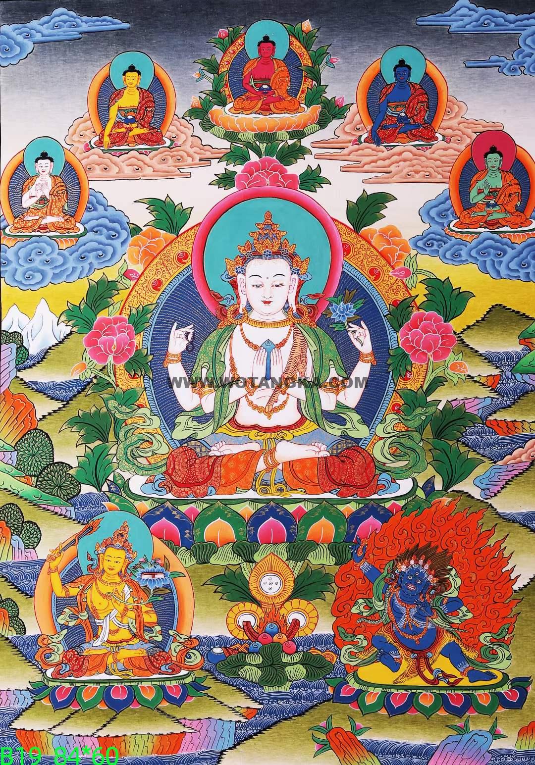 编号168-104098：彩绘唐卡-四臂观音·三怙主（84*60CM左右）