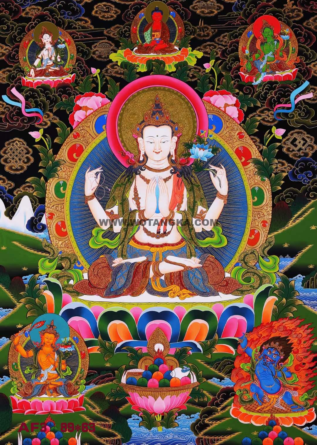编号168-727965:彩绘唐卡-四臂观音·三怙主(89*63CM左右)