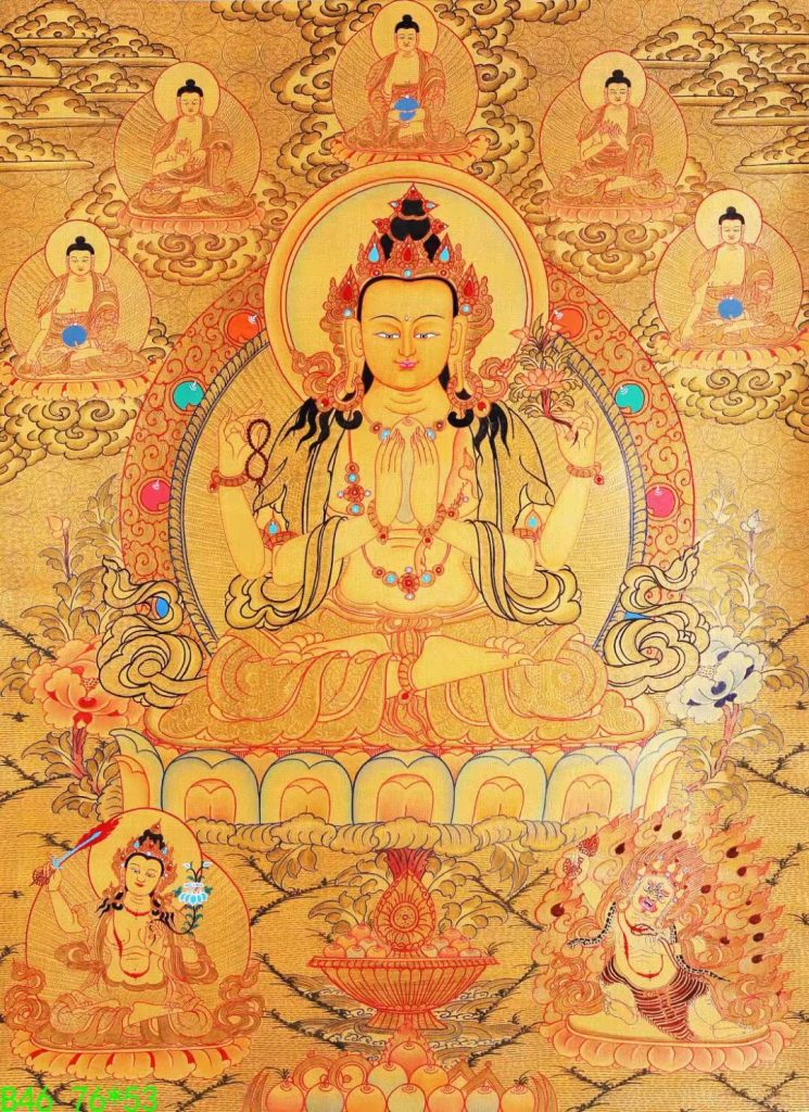 编号168-422701：黄金唐卡-四臂观音·三怙主（76*53CM左右）