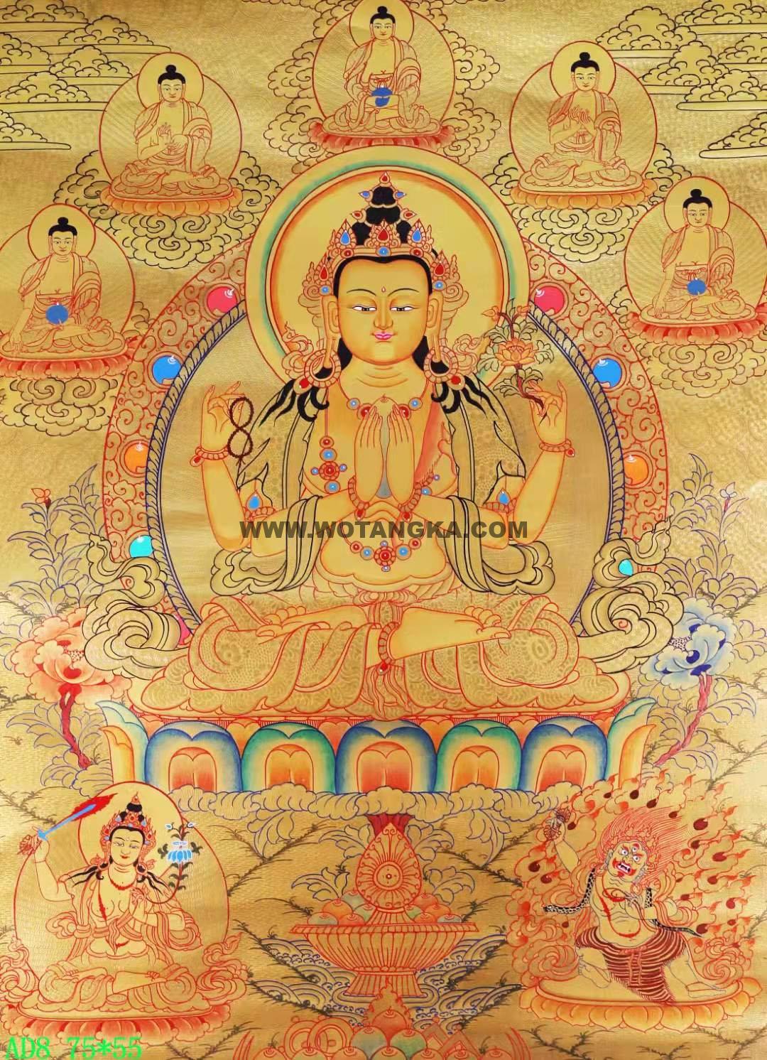 编号168-451123：黄金唐卡-四臂观音·三怙主（75*55CM左右）