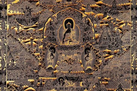 编号168-382384：黑金唐卡-释迦牟尼佛成道图（105*76CM左右）