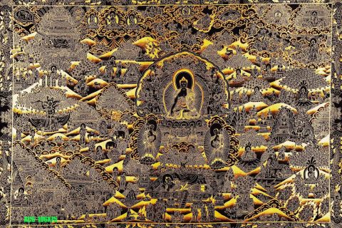 编号168-403693：黑金唐卡-释迦牟尼佛成道图（106*75CM左右）