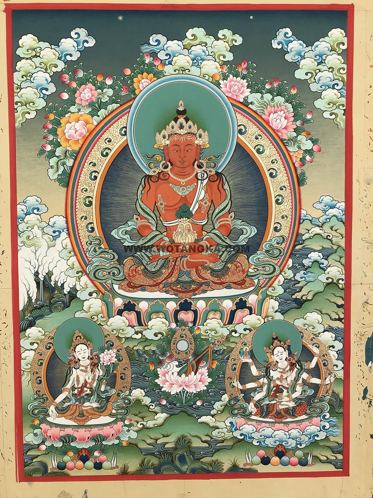 热贡-扎巴:彩绘唐卡-长寿佛·长寿三尊(75*50CM左右)