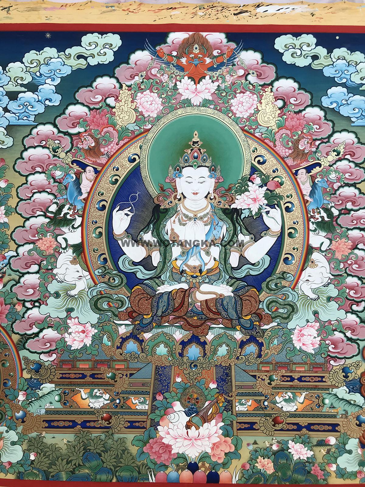 热贡-扎巴：彩绘唐卡-四臂观音·三怙主（110*175CM左右）