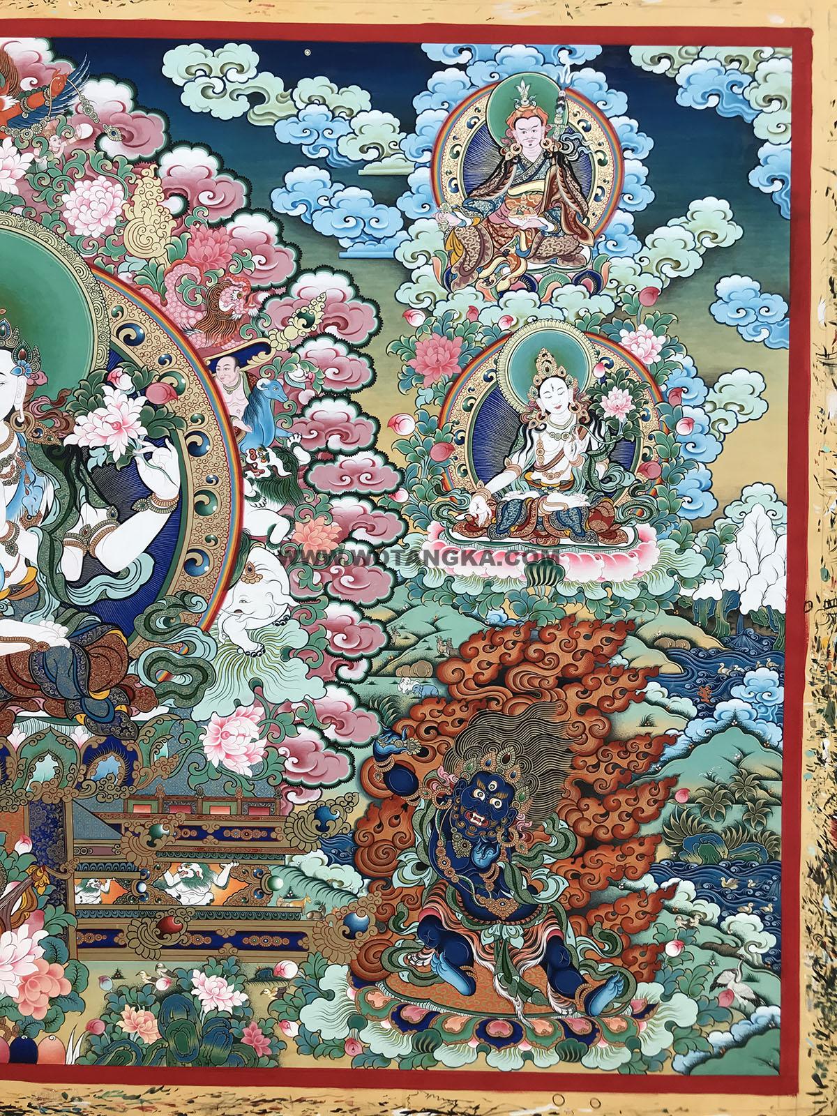 热贡-扎巴：彩绘唐卡-四臂观音·三怙主（110*175CM左右）